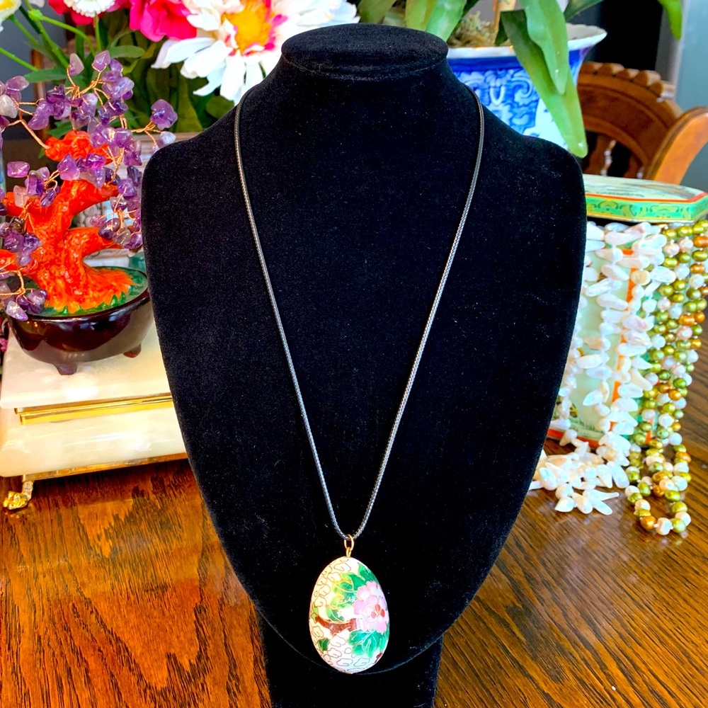 Beautiful Asian Cloisonné Egg on a 17-19” Waxed Black Cotton Necklace